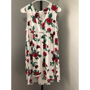 Large white dress with red roses and cross v neck